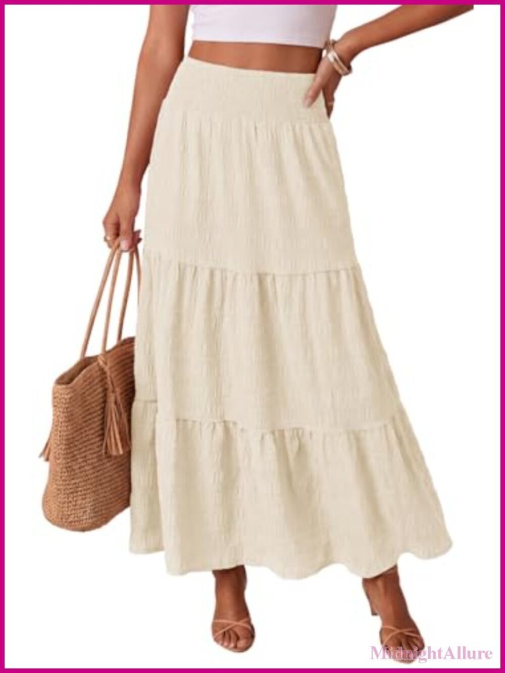 Boho Maxi Skirt Smocked Tiered A Line Flowy Beach Vacation Skirt with Pockets